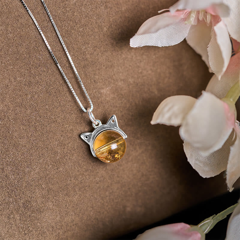 Buddha Stones 925 Sterling Silver Natural Citrine Cat Prosperity Necklace Pendant