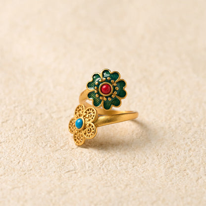 Buddha Stones Double Petals Copper Dripping Turquoise Wealth Ring