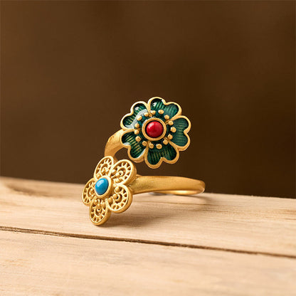 Buddha Stones Double Petals Copper Dripping Turquoise Wealth Ring
