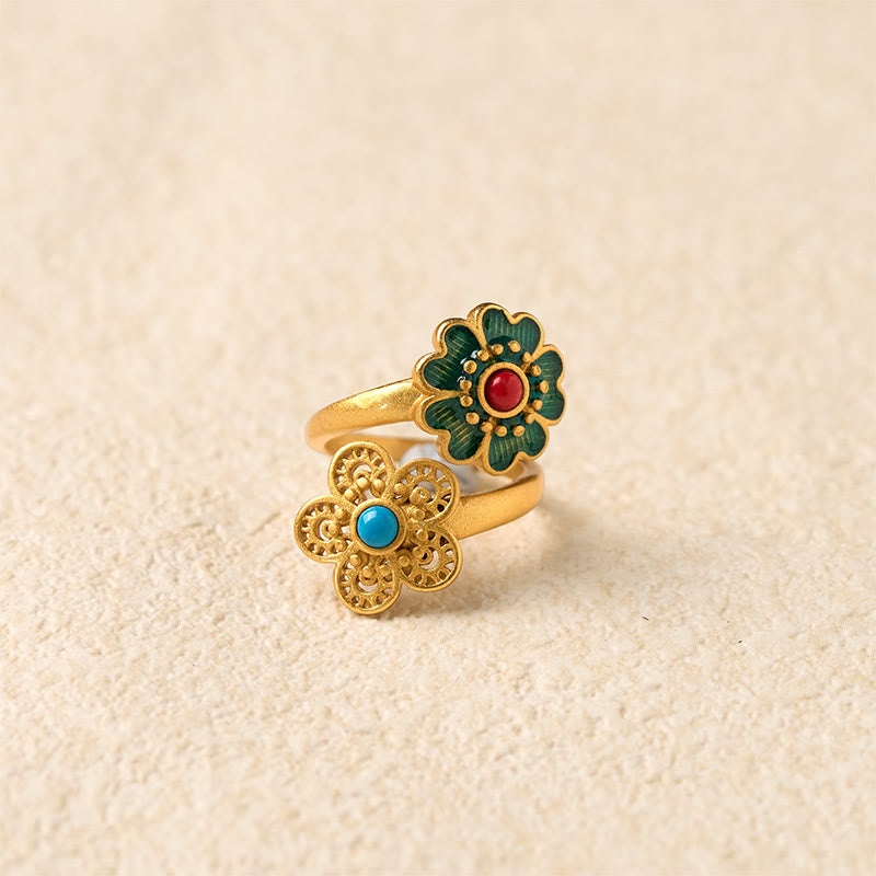 Buddha Stones Double Petals Copper Dripping Turquoise Wealth Ring