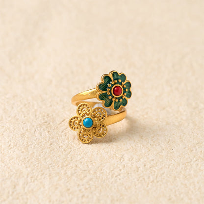 Buddha Stones Double Petals Copper Dripping Turquoise Wealth Ring