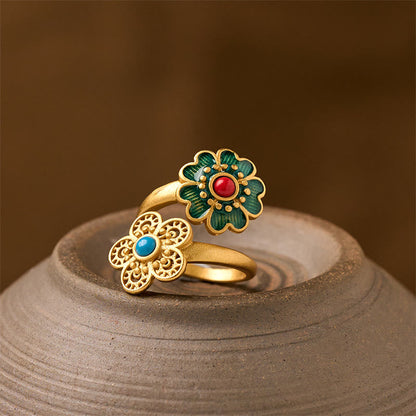 Buddha Stones Double Petals Copper Dripping Turquoise Wealth Ring