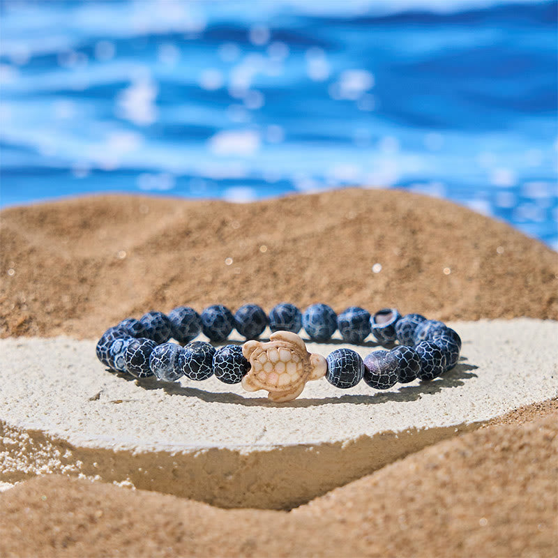 Buddha Stones Natural Stone Sea Turtle Turquoise Crackle Agate Wisdom Bracelet