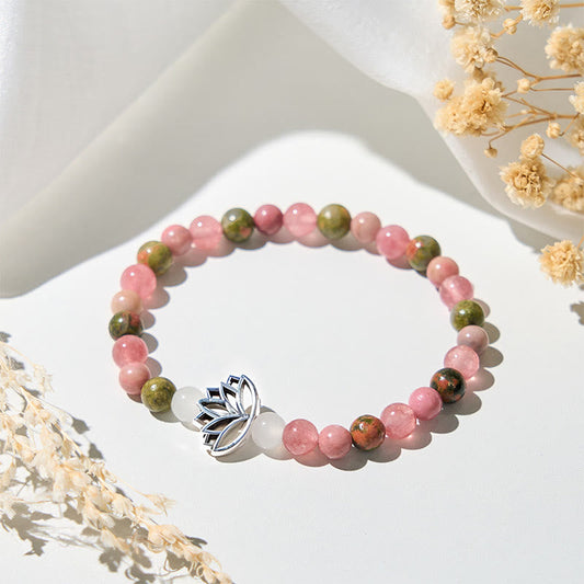 Buddha Stones Rhodonite Unakite Beads Lotus Healing Bracelet