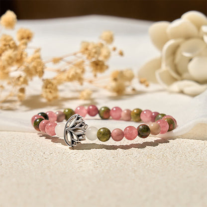 Buddha Stones Rhodonite Unakite Beads Lotus Healing Bracelet