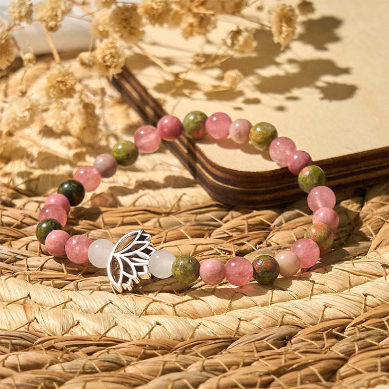 Buddha Stones Rhodonite Unakite Beads Lotus Healing Bracelet