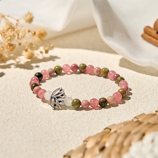 Buddha Stones Rhodonite Unakite Beads Lotus Healing Bracelet