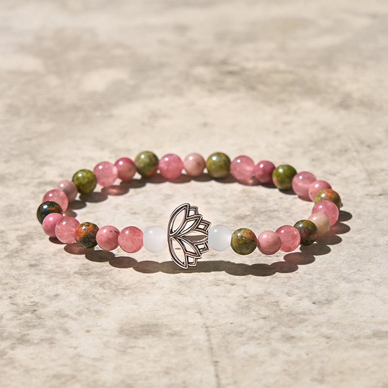 Buddha Stones Rhodonite Unakite Beads Lotus Healing Bracelet
