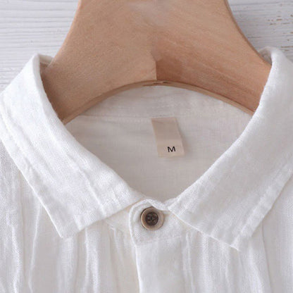 Buddha Stones Men's Shirt Solid Color Lapel Top Long Sleeve Comfy Button Crease Cotton Linen Shirt