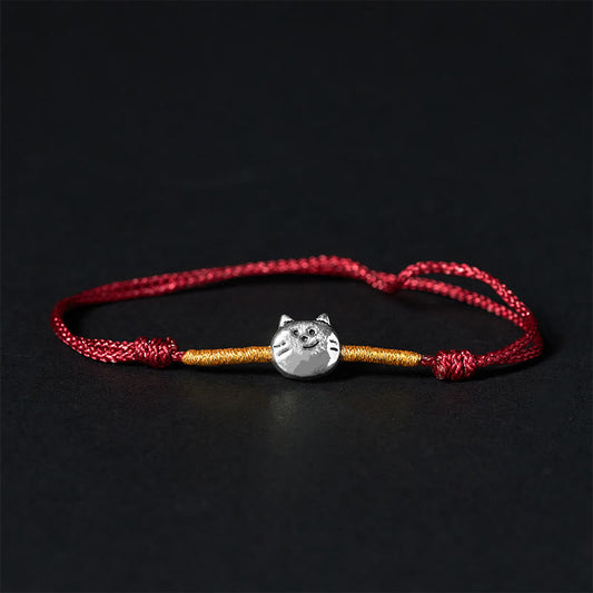 Buddha Stones 925 Sterling Silver Cute Cat Red String Braided Bracelet