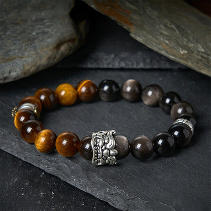 Buddha Stones Tiger Eye Silver Sheen Obsidian Om Mani Padme Hum Horse PiXiu Beast Courage Bracelet