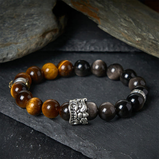 Buddha Stones Tiger Eye Silver Sheen Obsidian Om Mani Padme Hum Horse PiXiu Beast Courage Bracelet