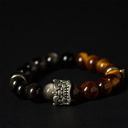 Buddha Stones Tiger Eye Silver Sheen Obsidian Om Mani Padme Hum Horse PiXiu Beast Courage Bracelet