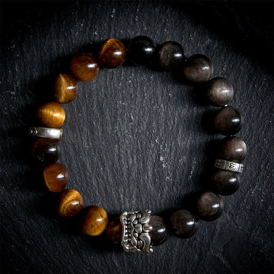 Buddha Stones Tiger Eye Silver Sheen Obsidian Om Mani Padme Hum Horse PiXiu Beast Courage Bracelet