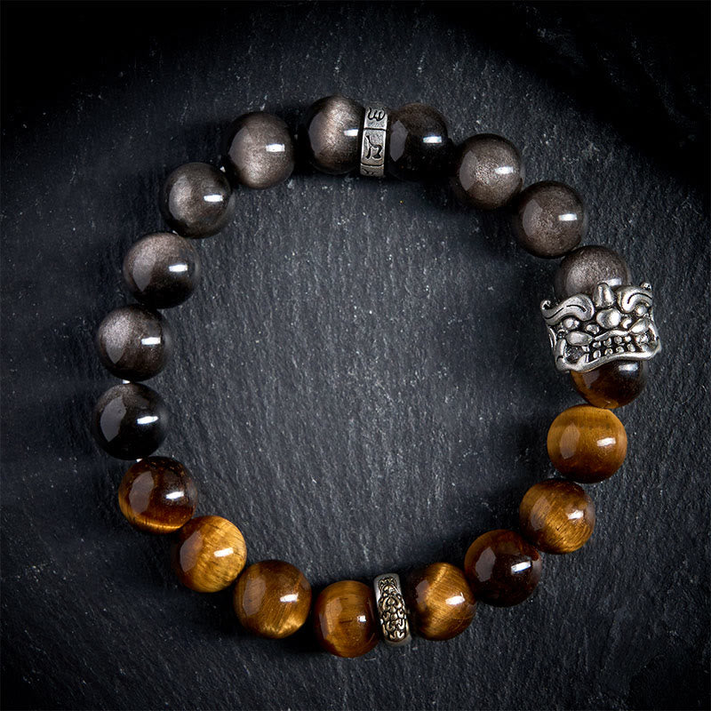 Buddha Stones Tiger Eye Silver Sheen Obsidian Om Mani Padme Hum Horse PiXiu Beast Courage Bracelet