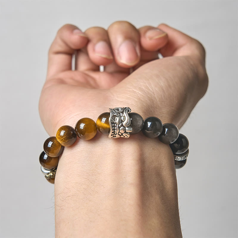 Buddha Stones Tiger Eye Silver Sheen Obsidian Om Mani Padme Hum Horse PiXiu Beast Courage Bracelet