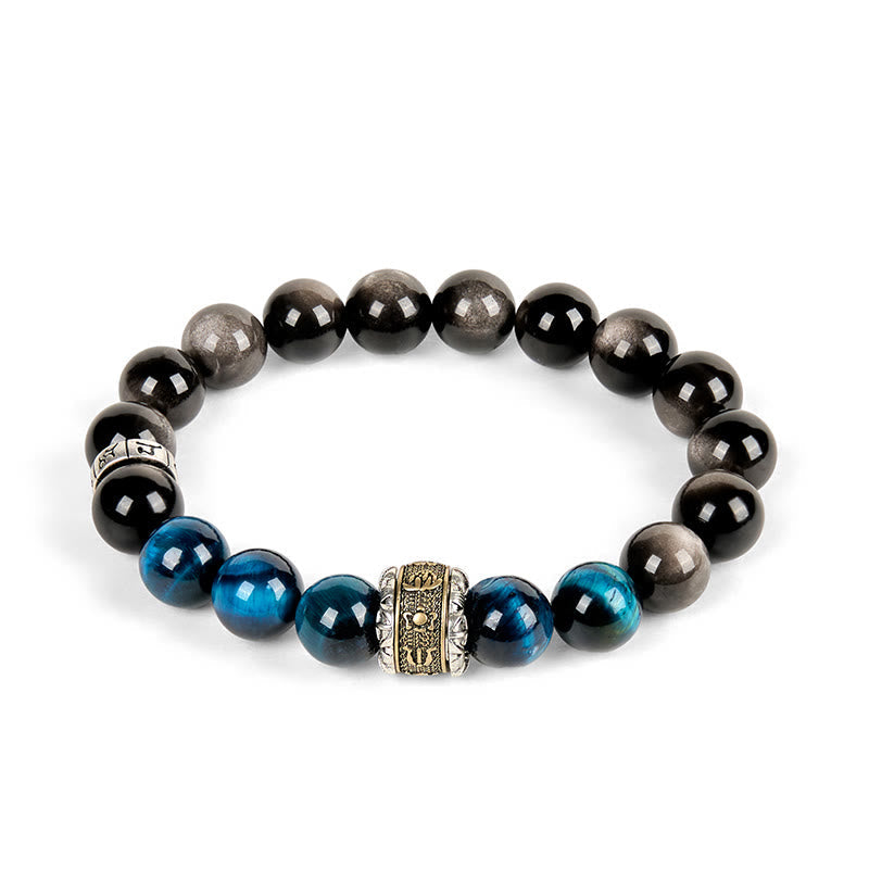 Buddha Stones Natural Silver Sheen Obsidian Blue Tiger Eye Om Mani Padme Hum Communication Bracelet