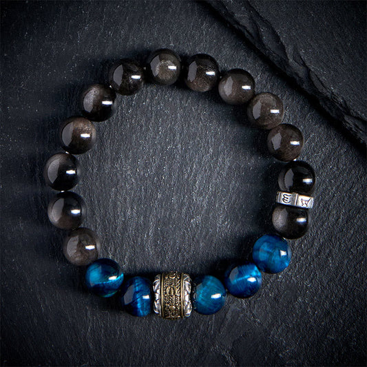 Buddha Stones Natural Silver Sheen Obsidian Blue Tiger Eye Om Mani Padme Hum Communication Bracelet