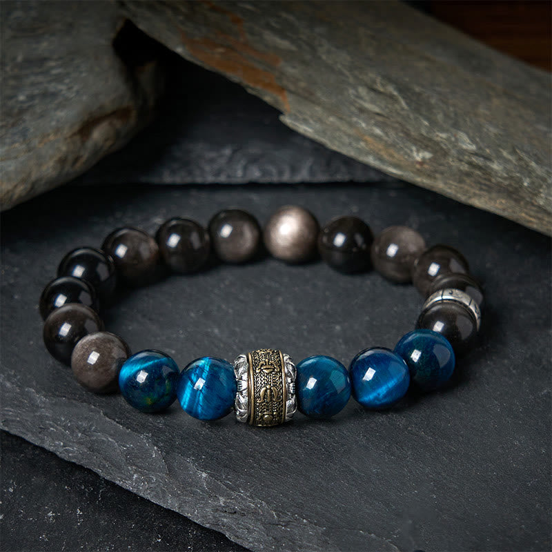 Buddha Stones Natural Silver Sheen Obsidian Blue Tiger Eye Om Mani Padme Hum Communication Bracelet