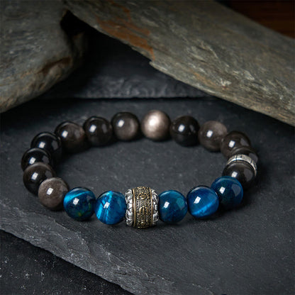 Buddha Stones Natural Silver Sheen Obsidian Blue Tiger Eye Om Mani Padme Hum Communication Bracelet