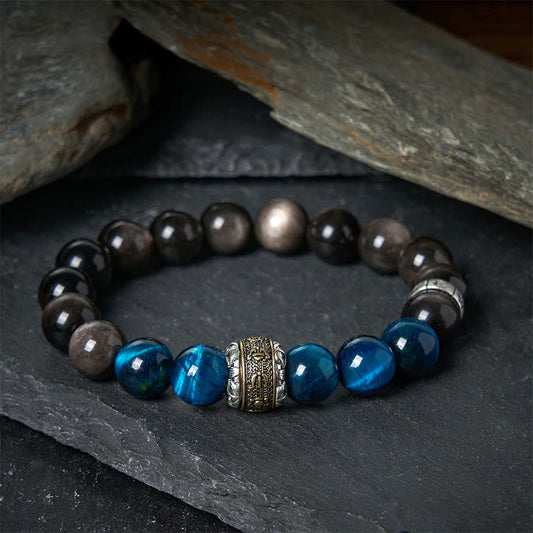 Buddha Stones Natural Silver Sheen Obsidian Blue Tiger Eye Om Mani Padme Hum Communication Bracelet