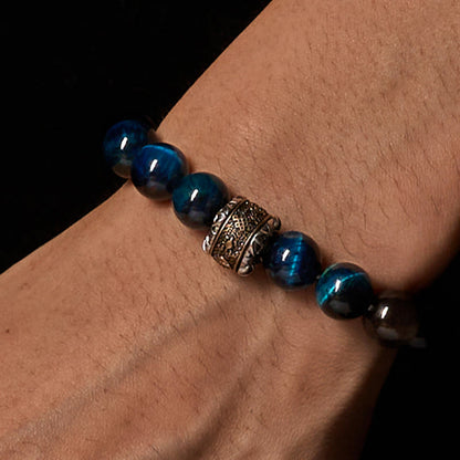 Buddha Stones Natural Silver Sheen Obsidian Blue Tiger Eye Om Mani Padme Hum Communication Bracelet