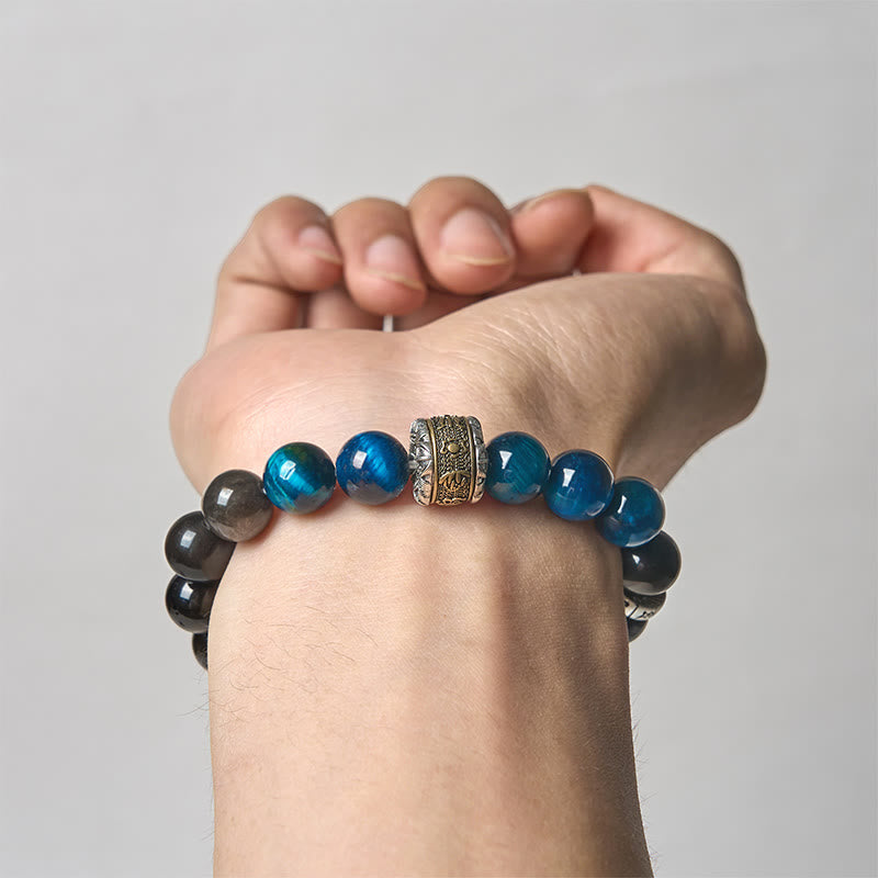 Buddha Stones Natural Silver Sheen Obsidian Blue Tiger Eye Om Mani Padme Hum Communication Bracelet