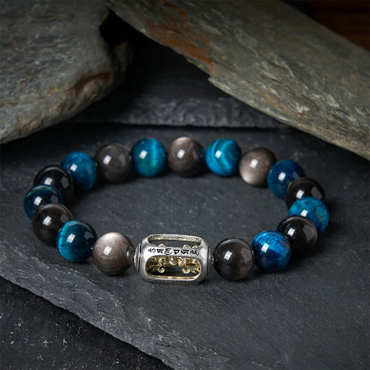 Buddha Stones Natural Silver Sheen Obsidian Blue Tiger Eye Om Mani Padme Hum Soothing Bracelet