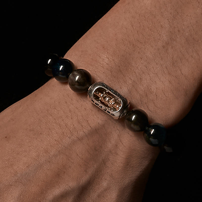 Buddha Stones Natural Silver Sheen Obsidian Blue Tiger Eye Om Mani Padme Hum Soothing Bracelet