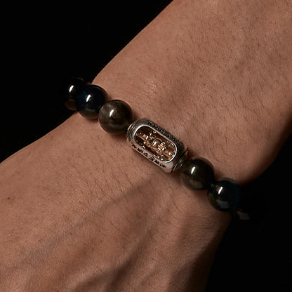 Buddha Stones Natural Silver Sheen Obsidian Blue Tiger Eye Om Mani Padme Hum Soothing Bracelet