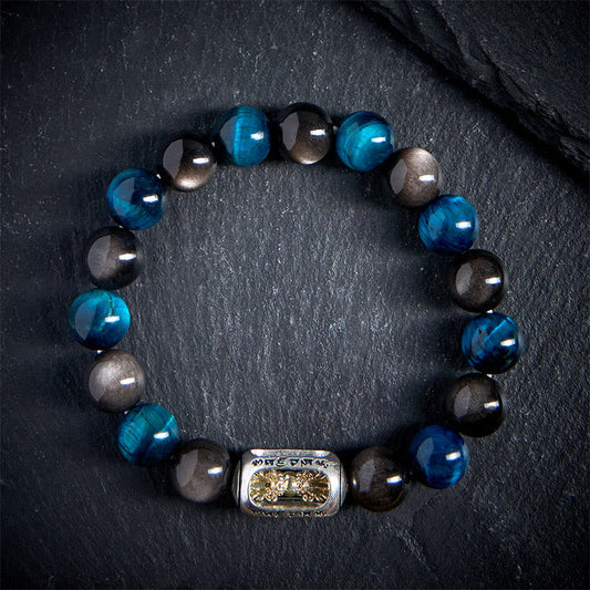 Buddha Stones Natural Silver Sheen Obsidian Blue Tiger Eye Om Mani Padme Hum Soothing Bracelet