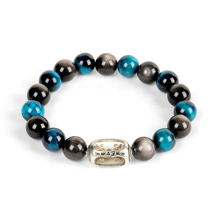 Buddha Stones Natural Silver Sheen Obsidian Blue Tiger Eye Om Mani Padme Hum Soothing Bracelet