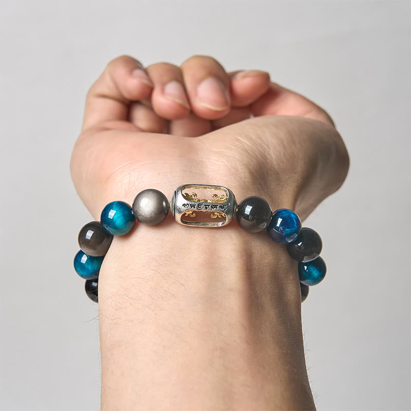Buddha Stones Natural Silver Sheen Obsidian Blue Tiger Eye Om Mani Padme Hum Soothing Bracelet