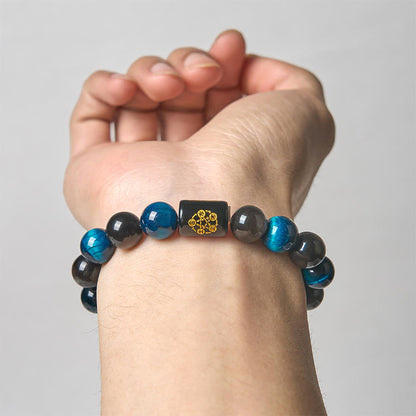 Buddha Stones Silver Sheen Obsidian Blue Tiger Eye Black Onyx Five Elements Protection Bracelet