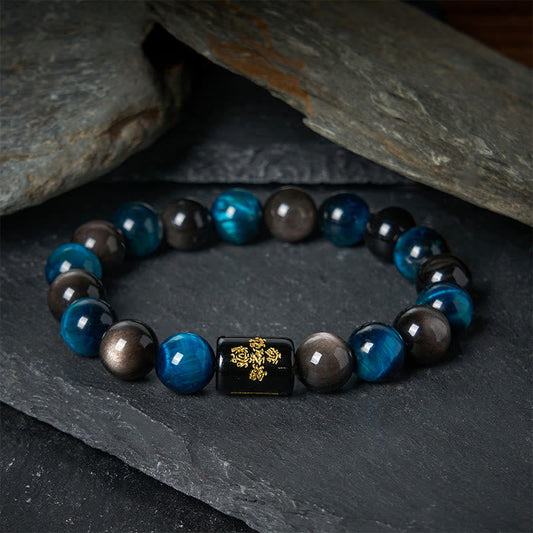 FREE Today: Positive Strength Silver Sheen Obsidian Blue Tiger Eye Black Onyx Five Elements Bracelet