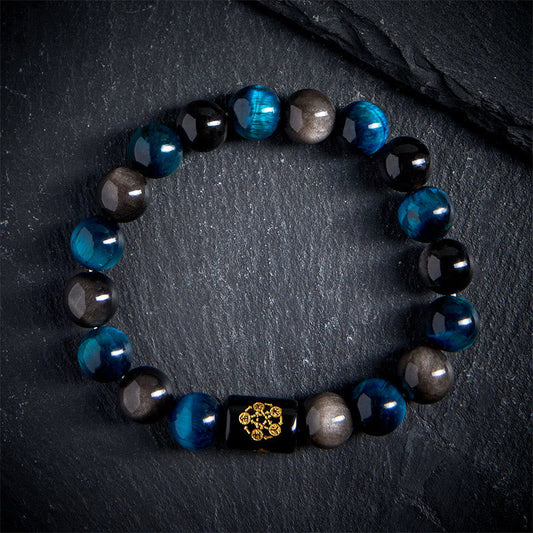 FREE Today: Positive Strength Silver Sheen Obsidian Blue Tiger Eye Black Onyx Five Elements Bracelet