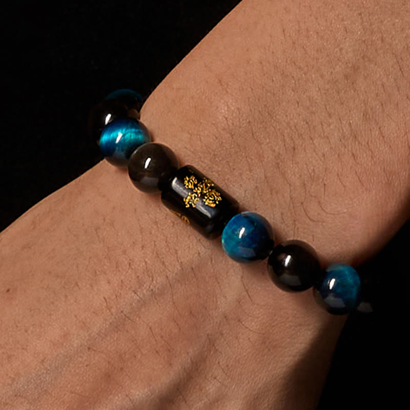 FREE Today: Positive Strength Silver Sheen Obsidian Blue Tiger Eye Black Onyx Five Elements Bracelet