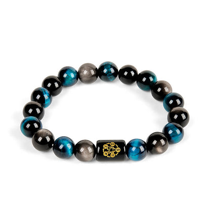 FREE Today: Positive Strength Silver Sheen Obsidian Blue Tiger Eye Black Onyx Five Elements Bracelet
