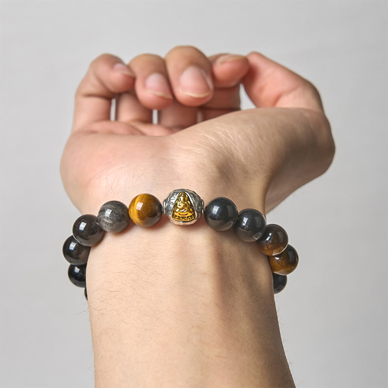 Buddha Stones Natural Silver Sheen Obsidian Tiger Eye Three-Faced Buddha Protection Bracelet
