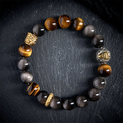 Buddha Stones Natural Silver Sheen Obsidian Tiger Eye Three-Faced Buddha Protection Bracelet