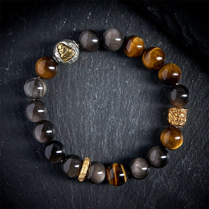 Buddha Stones Natural Silver Sheen Obsidian Tiger Eye Three-Faced Buddha Protection Bracelet