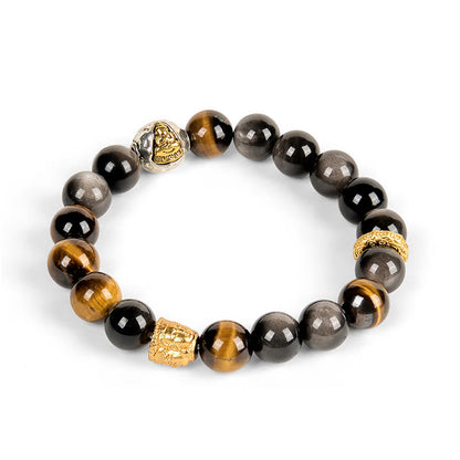 Buddha Stones Natural Silver Sheen Obsidian Tiger Eye Three-Faced Buddha Protection Bracelet