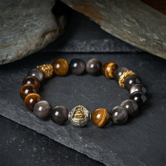 Buddha Stones Natural Silver Sheen Obsidian Tiger Eye Three-Faced Buddha Protection Bracelet
