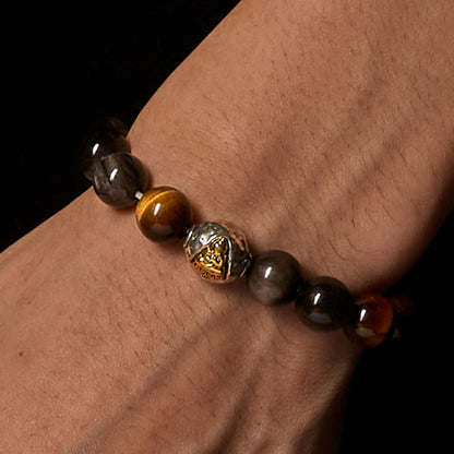 Buddha Stones Natural Silver Sheen Obsidian Tiger Eye Three-Faced Buddha Protection Bracelet