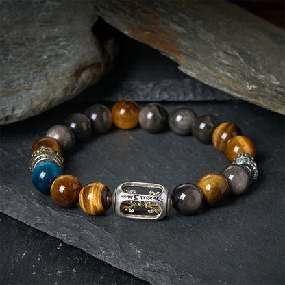 Buddha Stones Silver Sheen Obsidian Tiger Eye Om Mani Padme Hum Three-Faced Buddha Positive Bracelet
