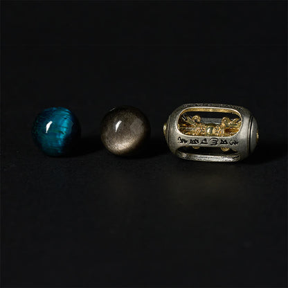 Buddha Stones Silver Sheen Obsidian Tiger Eye Om Mani Padme Hum Three-Faced Buddha Positive Bracelet