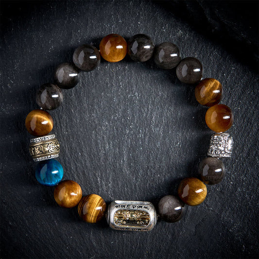 Buddha Stones Silver Sheen Obsidian Tiger Eye Om Mani Padme Hum Three-Faced Buddha Positive Bracelet