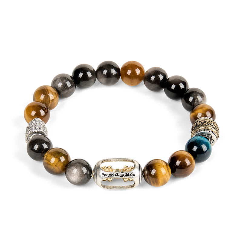 Buddha Stones Silver Sheen Obsidian Tiger Eye Om Mani Padme Hum Three-Faced Buddha Positive Bracelet