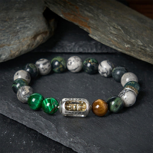 FREE Today: Protection Strength Grey Jasper Kambamba Jasper Tiger Eye Om Mani Padme Hum Bracelet