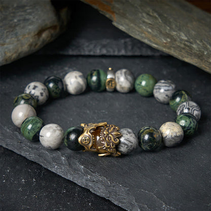 Buddha Stones Natural Grey Jasper Kambamba Jasper Citrine Horse Zodiac PiXiu Protection Bracelet